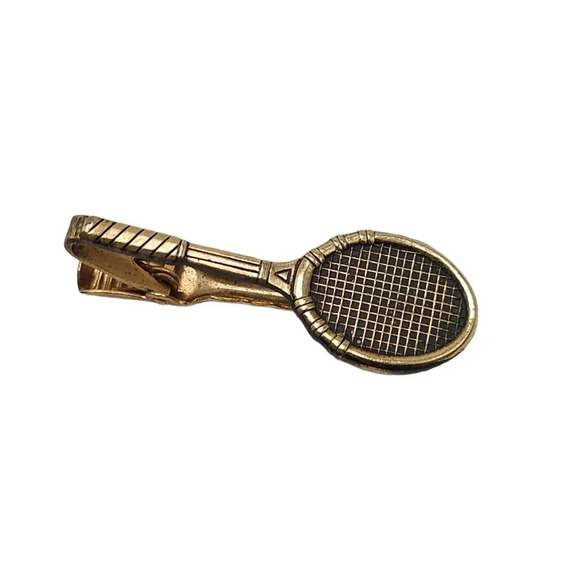 Textured Tennis Racket Tie Clip Bar Gold Tone Vintage - Picture 1 of 4